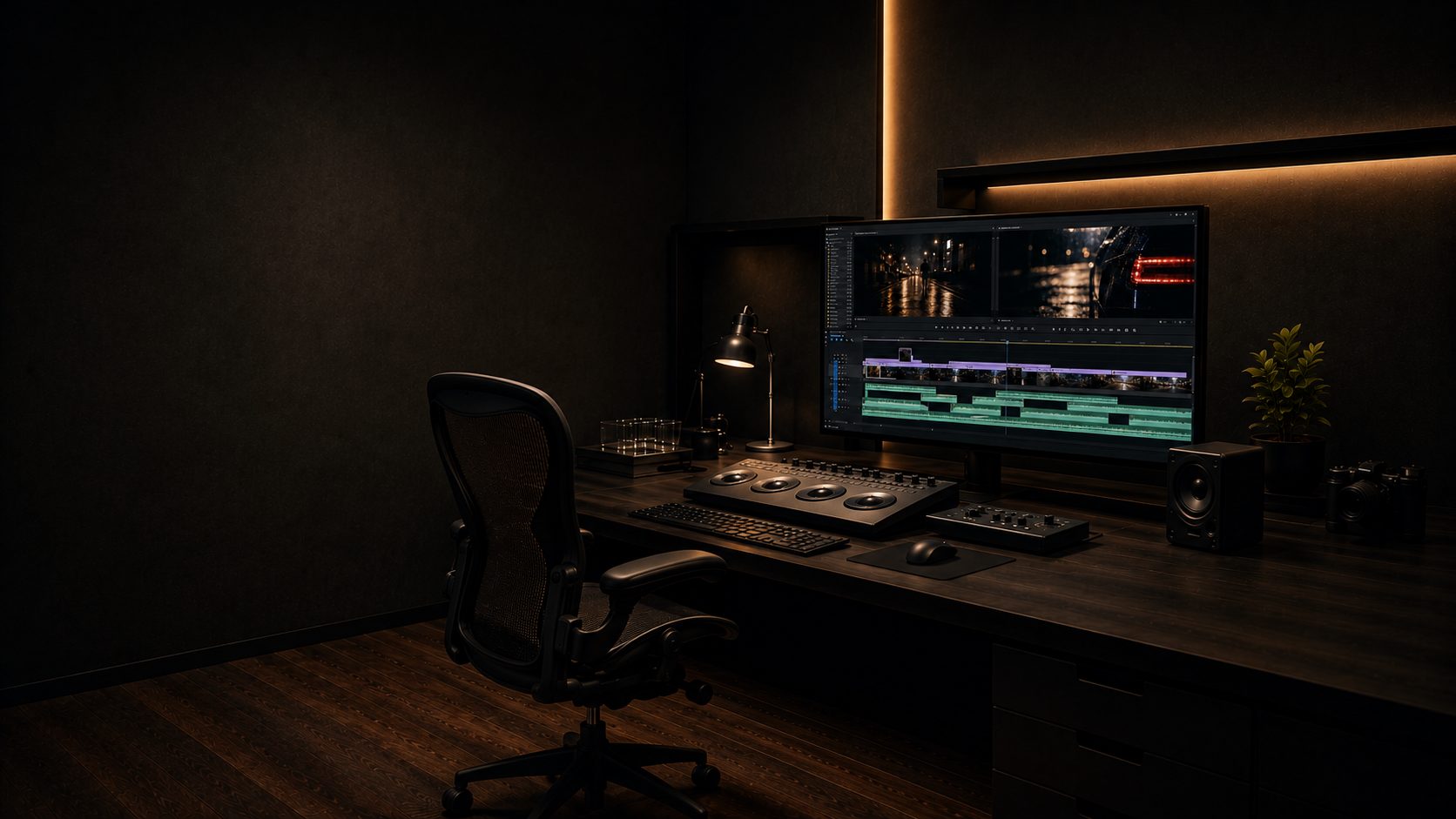 Cinematic video editing workstation displaying a professional editing timeline